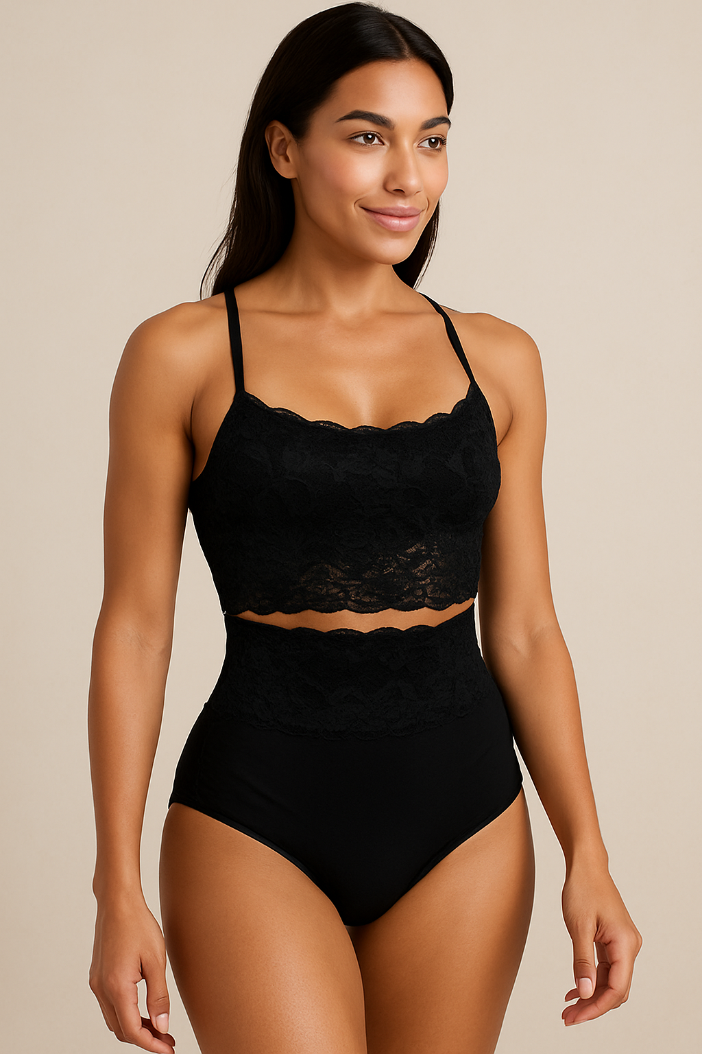 "woman-modeling-black-high-rise-lace-shapewear-panty-showing-tummy-control-fit-and-soft-stretchable-design"