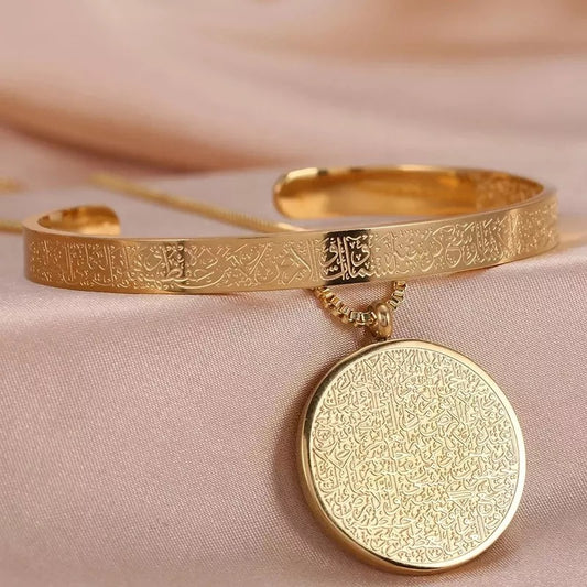 Stainless-Steel-Arabic-Disc-Necklace-&-Bracelet-Set-Gold-Color