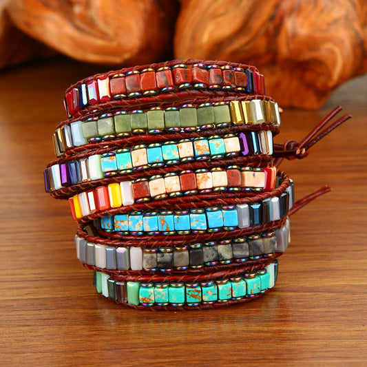 Importikaah Handmade Multi-Color Chakra Bracelet: Leather Wrap Jewelry with Natural Stone Tube Beads - Perfect Couples Bracelets & Creative Gift