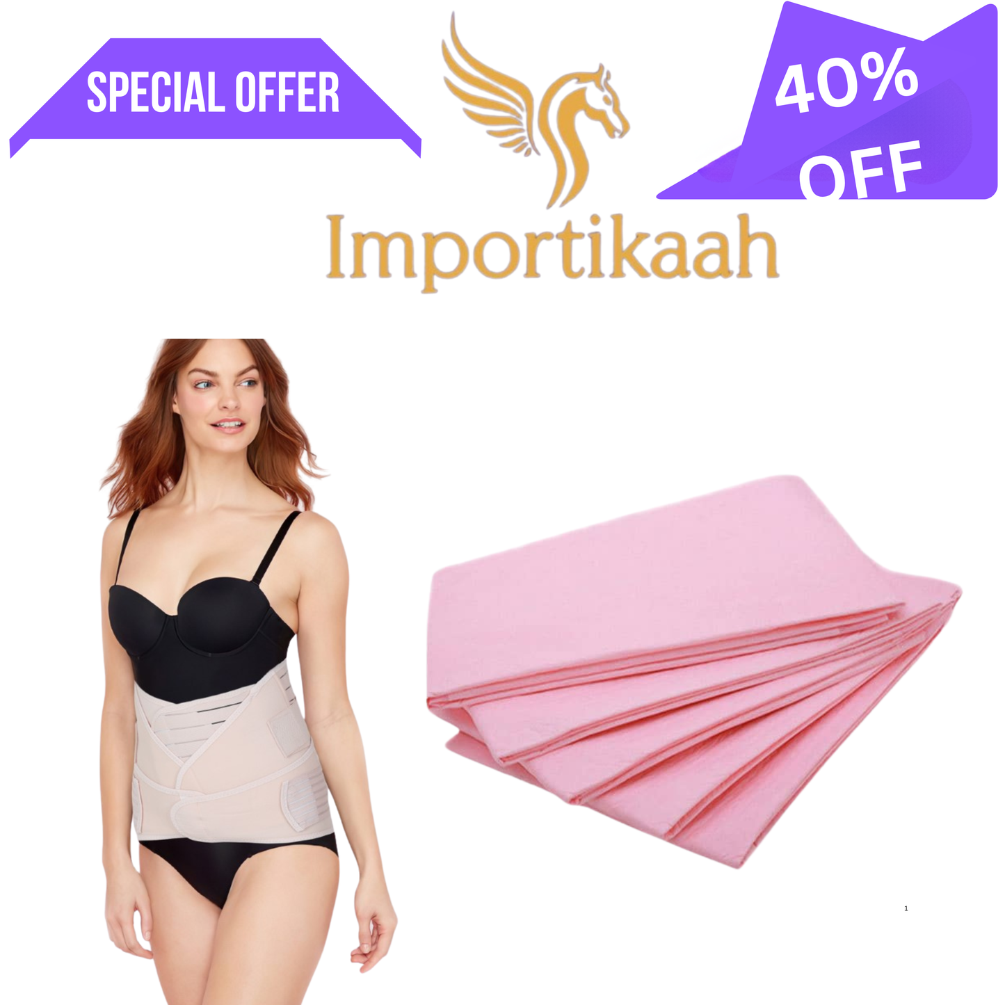 Big Savings Bundle: Importikaah 3-in-1 Postpartum Belt & Maternity Disposable Underpad Protectors