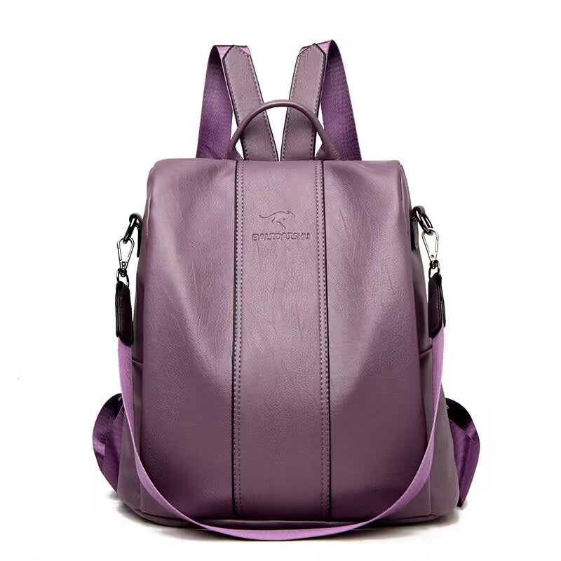 purple-Polyester-lined-interior-of-leather-backpack