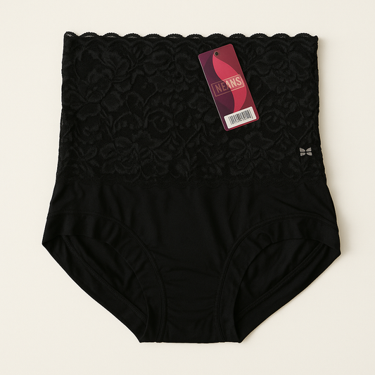 "Black -high-waist -shapewear- panty -with- lace- waistband- and -brand -tag, -laid -flat- on -white -background"