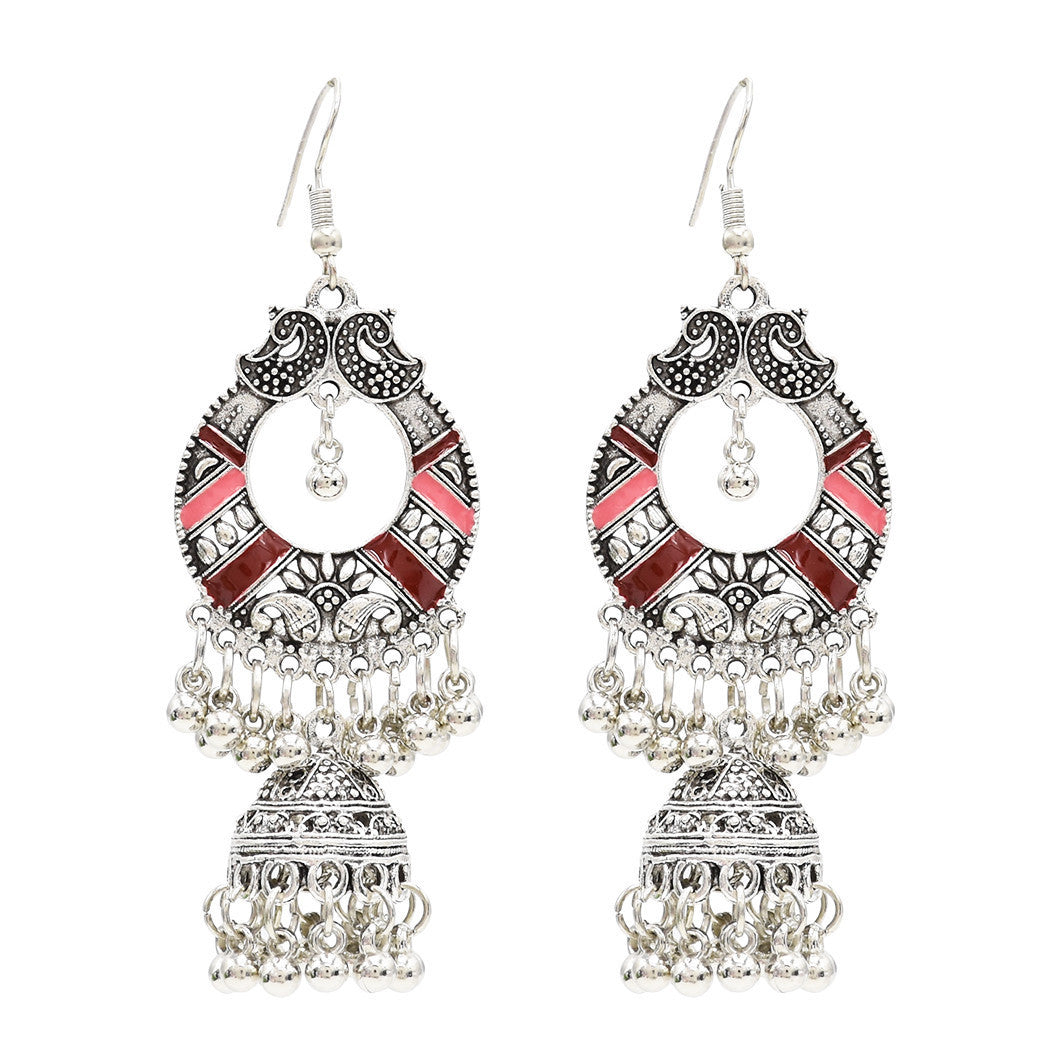 silver-vintage-jhumka-earrings-tribal-tassels-vibrant-red-beads