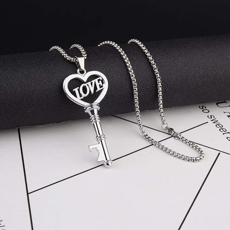 fashionable-korean-stainless-steel-necklace-heart-key-pendant