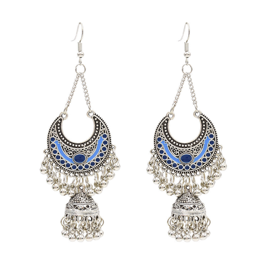 gypsy-style-egyptian-jhumka-earrings-silver-tassels-intricate-beadwork