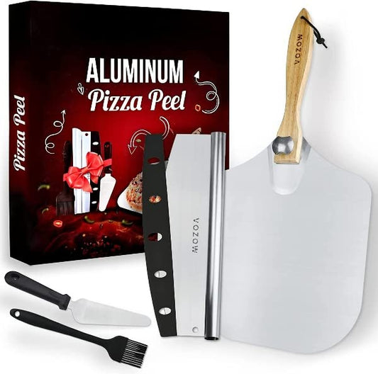 Importikaah Aluminum Pizza Peel 12"x14" with Foldable Wood Handle -Luxurious Pizza Paddle Comes with Pizza Cutter - Enjoy Metal Pizza Spatula for...