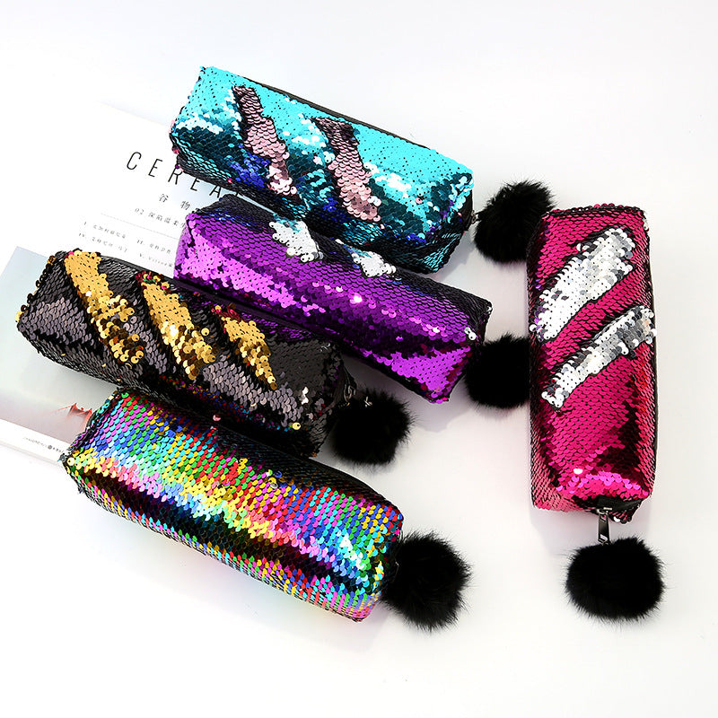 Importikaah Sequin Hairball Pencil Case Cute School Supplies